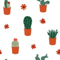 Hand drawn cactus plant succulent set. Vector seamless pattern